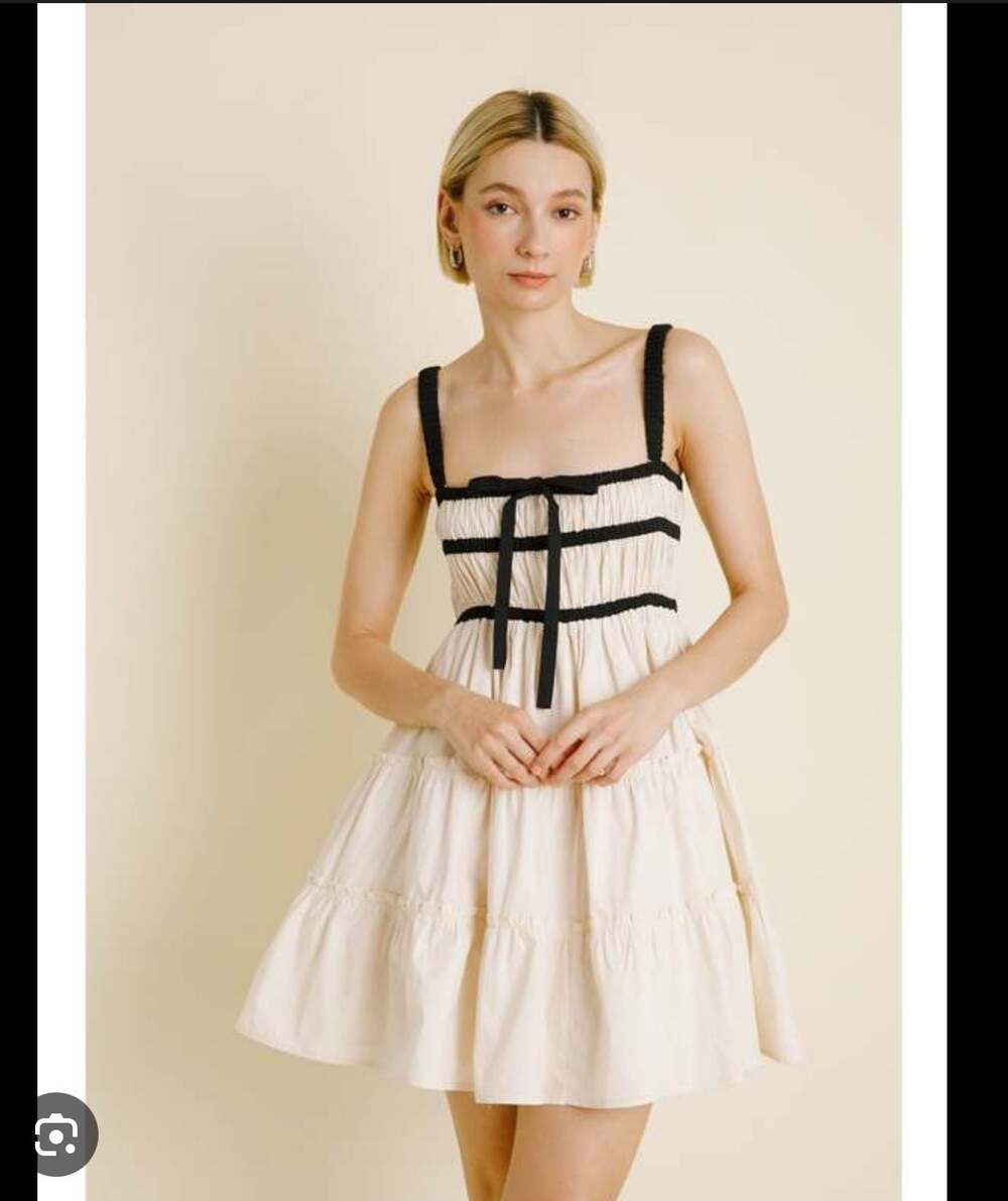Aureum Princess Layered Mini Dress Eggshell with Contrast Black Trim XS